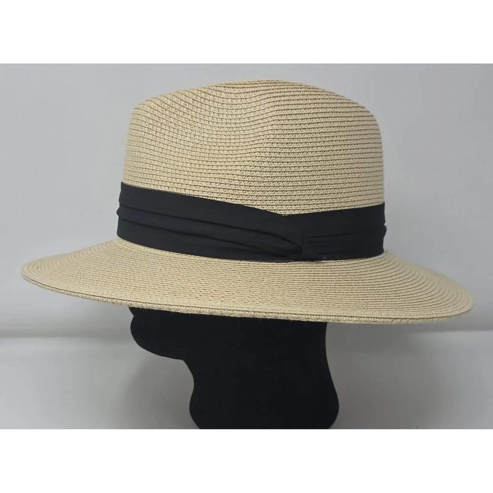 FURTALK Paper‎ Straw Fedora Black Band Wide Brim Sun Panama Hat Size L